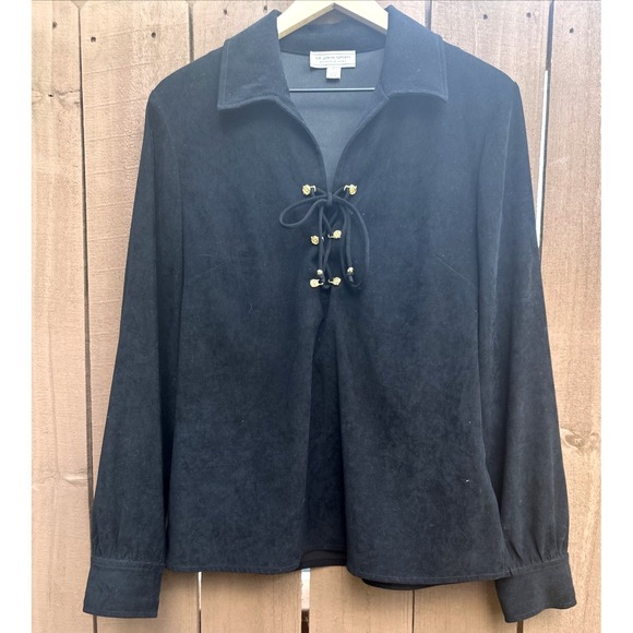 St. John Sport Marie Gray Women Sze Med Lace-Up Popover Shirt Black Gold Accents - Picture 1 of 10